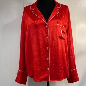 Victoria's Secret Satin Pajama Shirt Glamorous Santa Red White Trim Size Large